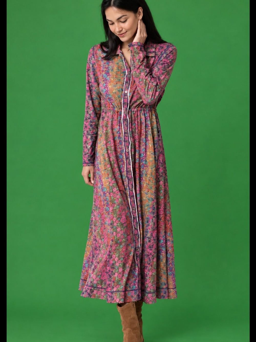 NATURAL LIFE-Christa-XL-Cotton Knit Feminine Floral Button-Front Maxi Dress